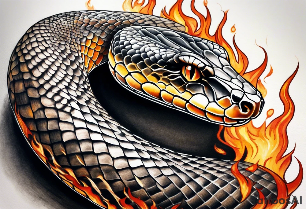 A snake winding it’s way down an arm, the background consumed by flames tattoo idea