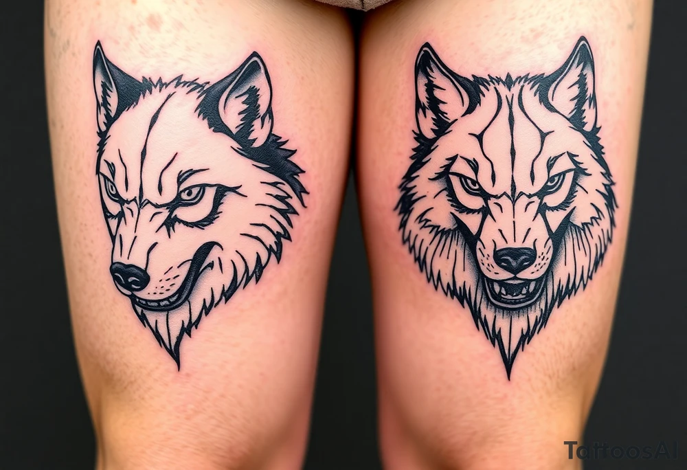 Side by side black wolf face and white wolf face tattoo idea Side by side black wolf face and white wolf face tattoo idea