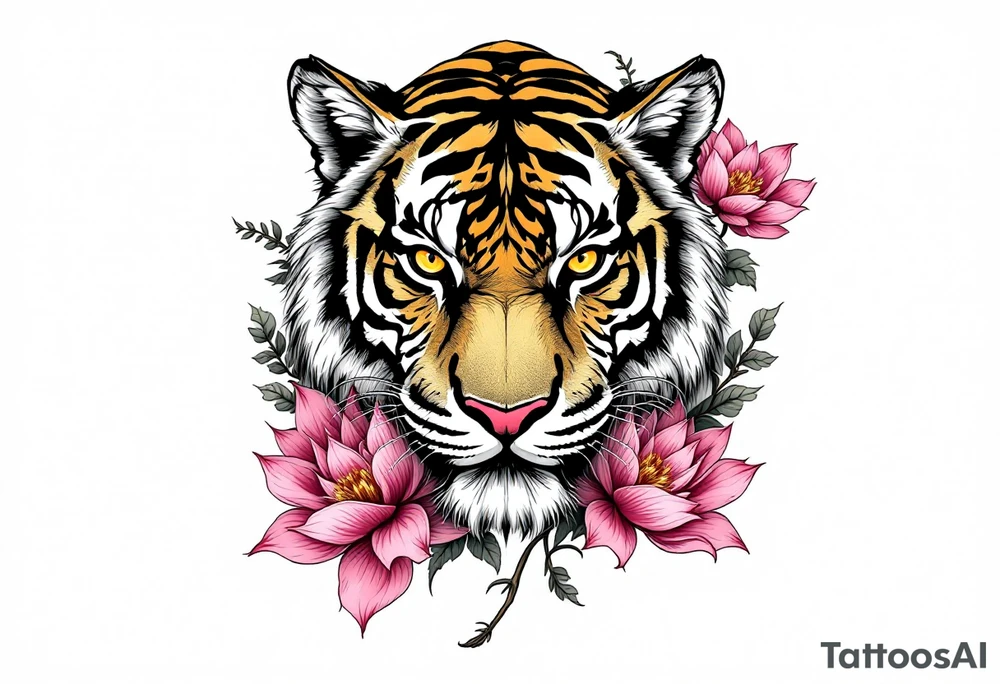 Tiger covered in lotus flowers tattoo idea