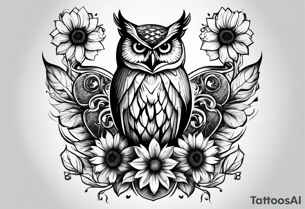Owl, sunflower with a butterfly tattoo idea