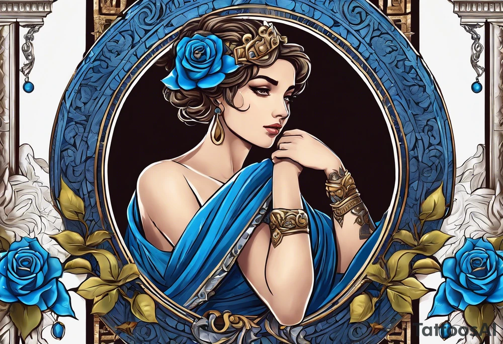 ancient rome clothes ,women,,ancient scale in one hand, blue rose frames, justicia ,keeps  scale tattoo idea