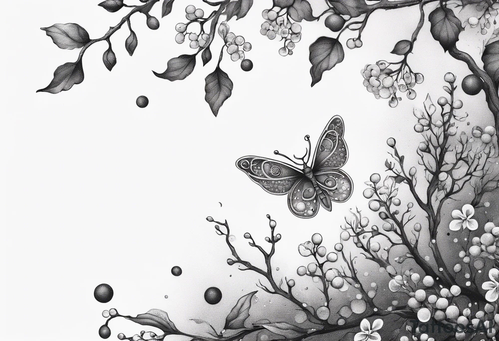 Winding branches and leaves and tiny flowers with a small moth and bubbles tattoo idea
