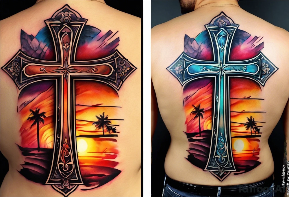 A cross with a ribbon around it with the text stay true to who you are with the colors of a sunset fading out from behind it tattoo idea