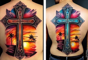 A cross with a ribbon around it with the text stay true to who you are with the colors of a sunset fading out from behind it tattoo idea
