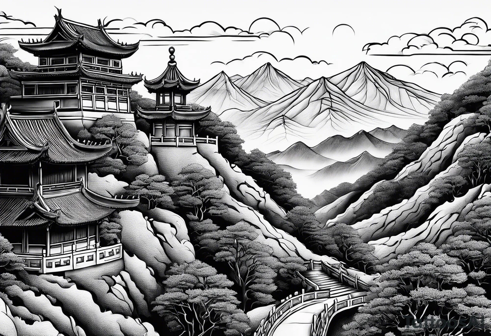 Chinese wall, realistic, art, hills, sky tattoo idea