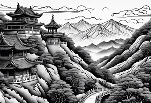 Chinese wall, realistic, art, hills, sky tattoo idea