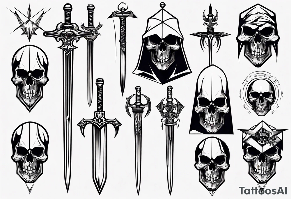 hooded skull sword tattoo idea