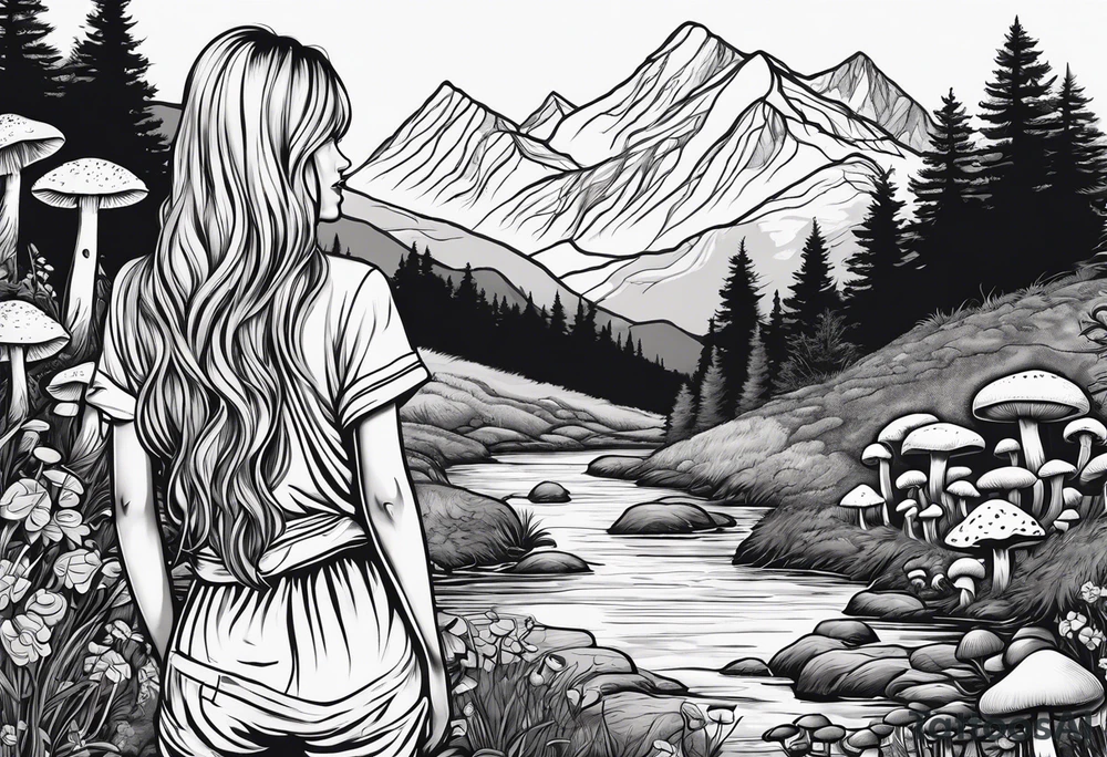 Straight long blonde hair hippie girl in distance holding mushrooms in hand facing away toward mountains and creek surrounded by mushrooms tee shirt and hiking pants tattoo idea