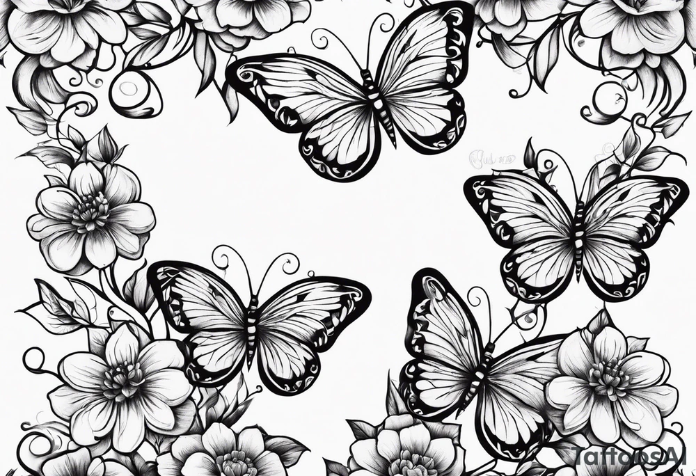 Majestic vine with flowers and butterflies tattoo idea