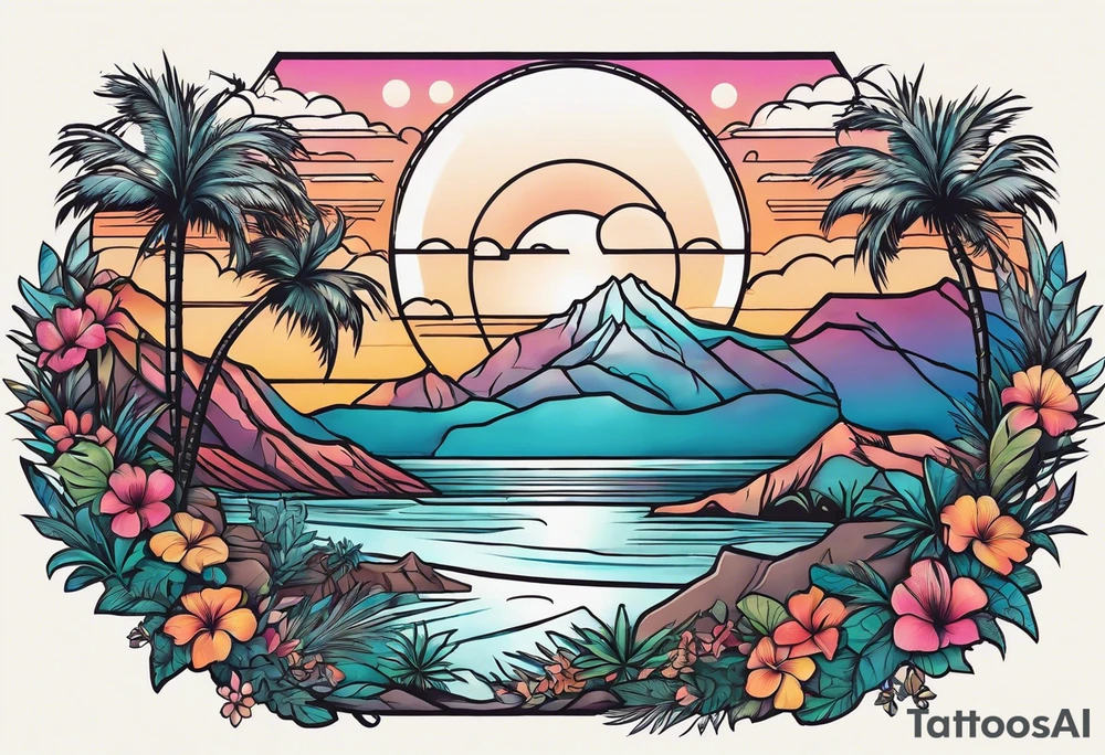 In a circle around the arm, a Gradual transition from Pacific Northwest mountains to Joshua trees to palm trees to a Hawaii beach tattoo idea