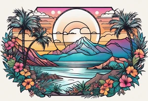 In a circle around the arm, a Gradual transition from Pacific Northwest mountains to Joshua trees to palm trees to a Hawaii beach tattoo idea