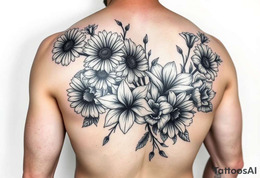 Half sleeve of Dark gothic florals with daisies, poppies,  white narcissus, sweet peas and gladiolus tattoo idea