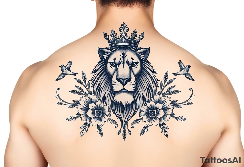 powerful majestic lion with a crown, surrounded by floral ornaments and birds tattoo idea