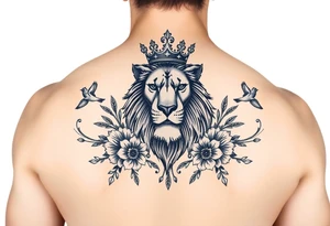 powerful majestic lion with a crown, surrounded by floral ornaments and birds tattoo idea