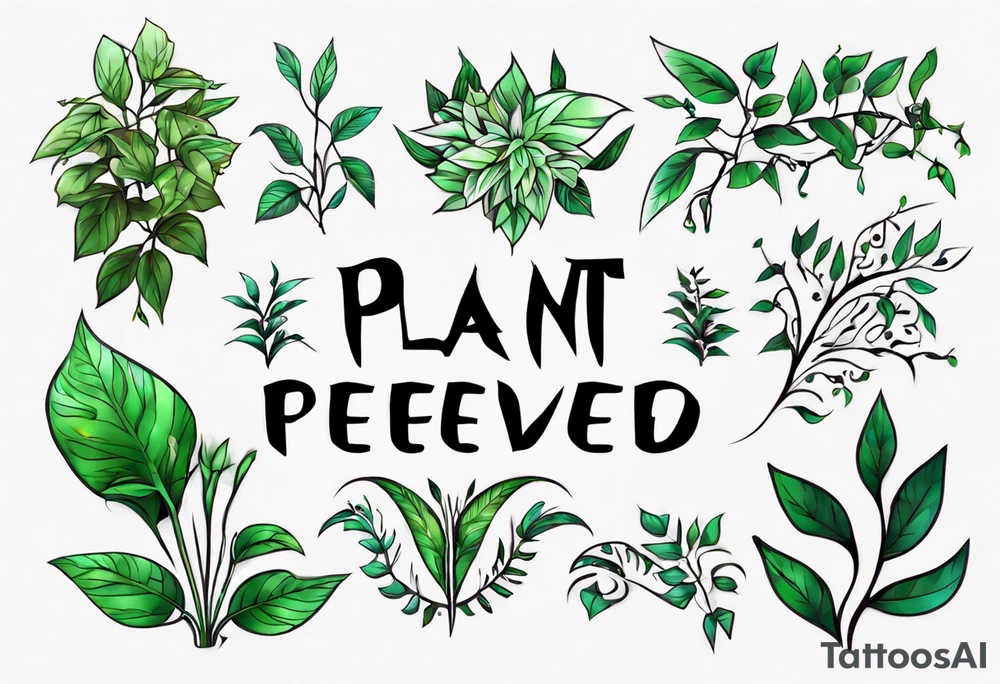 Words “Plant Powered” spelled out with plants and vines through out the words tattoo idea