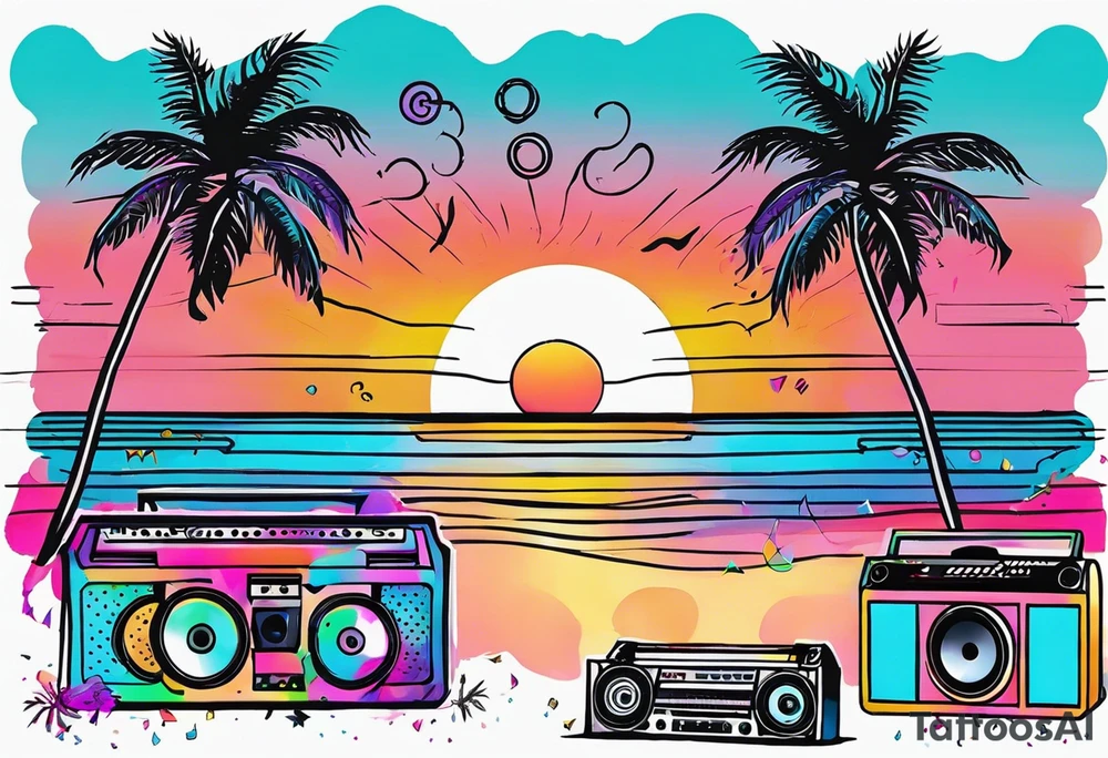1980's miami vice style beach dance 
party, include confetti, music notes, boom box, bikinis sunset in the center tattoo idea
