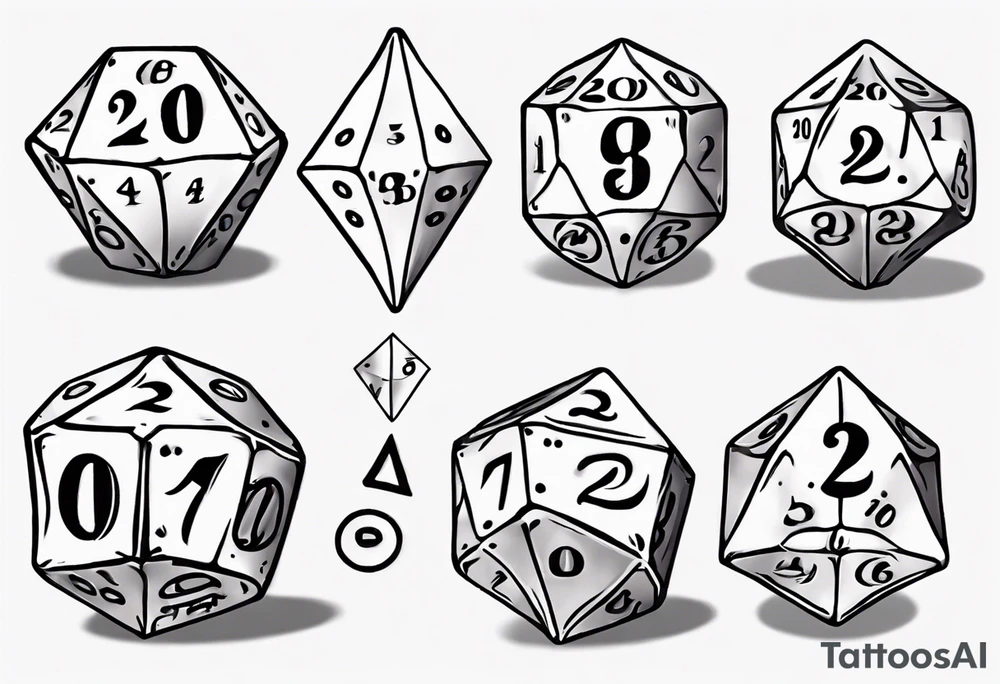 A large 20 sided dice with a 20 on top and numbers in the dice tattoo idea