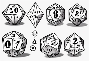 A large 20 sided dice with a 20 on top and numbers in the dice tattoo idea