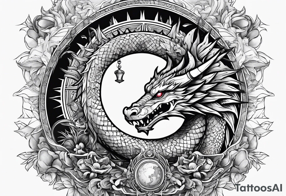 Dragon roman empire building straight lines sun moon tattoo idea