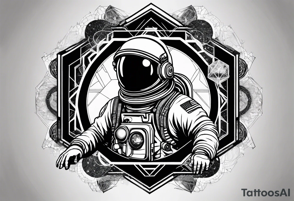 Astronaut floating in space with sacred geometry and hexagonal shapes tattoo idea