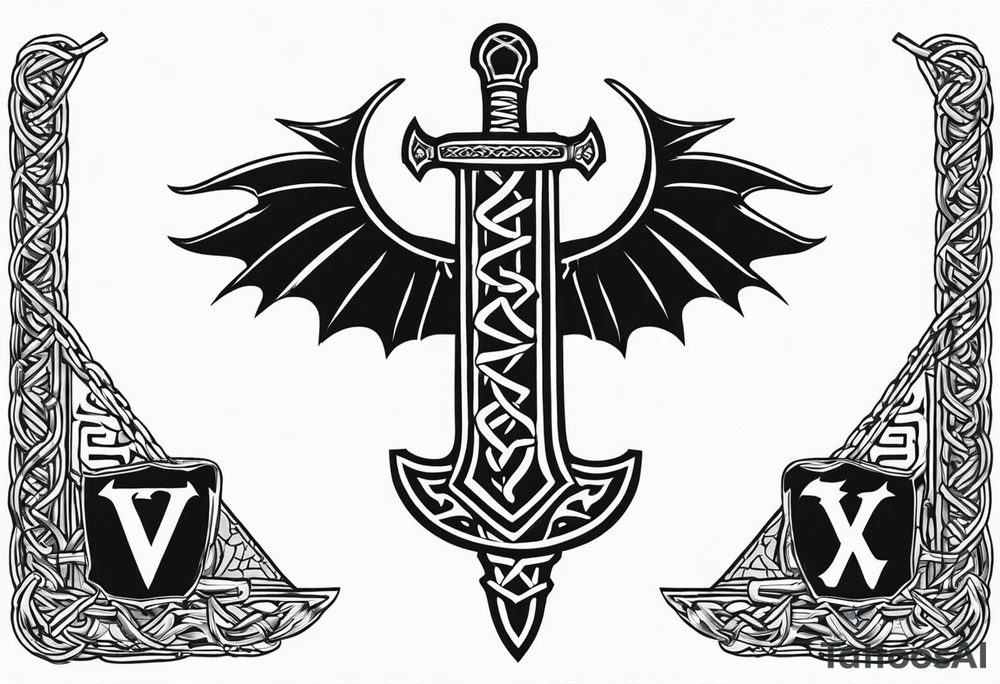 Valhalla sword shield dragon axe Valknut barbed wire chains tattoo idea Valhalla sword shield dragon axe Valknut barbed wire chains tattoo idea