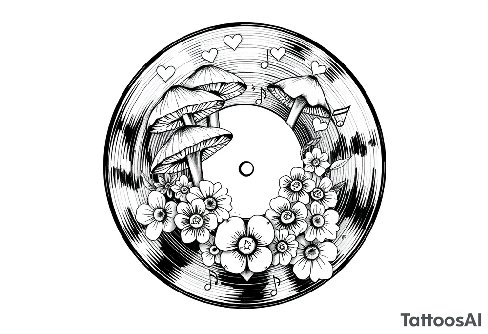 vinyl record with mushrooms, flowers, hearts, and music notes tattoo idea