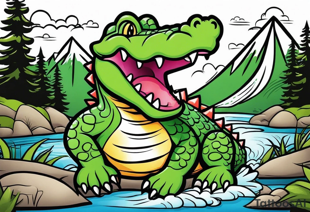Cartoon alligator lost in the mountains tattoo idea