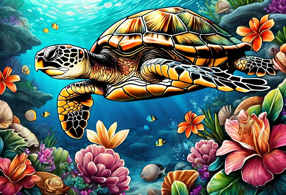 Sea turtle surrounded by hawian flowers and sea shells tattoo idea
