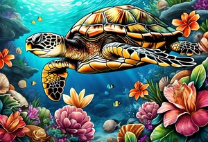Sea turtle surrounded by hawian flowers and sea shells tattoo idea