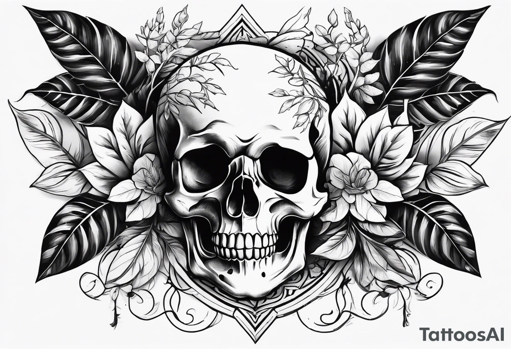 Skull and bones with leafs forearm tattoo idea