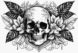 Skull and bones with leafs forearm tattoo idea