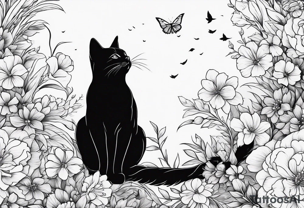 Cat looking up at a cardinal bird surrounded by flowers tattoo idea