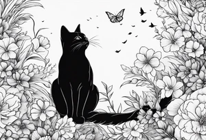 Cat looking up at a cardinal bird surrounded by flowers tattoo idea
