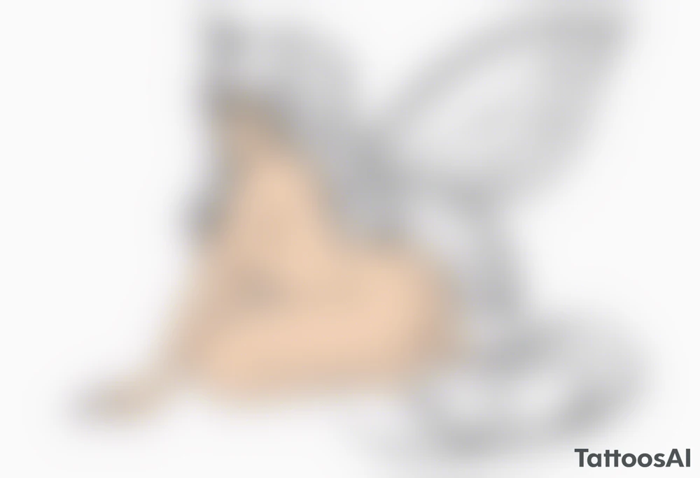 No color fairy with a tail inspired by the logo of the anime show called Fairy Tail in a fetal position leaning in and forward while sleeping tattoo idea