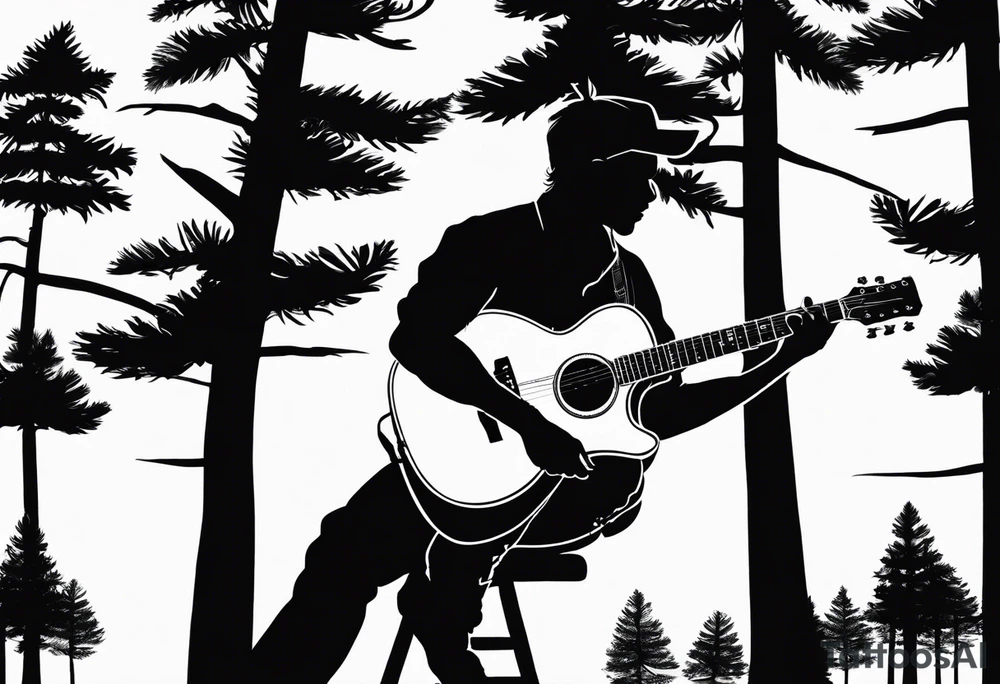 silhouette of a man playing electric guitar while sitting in a pine tree. tattoo idea