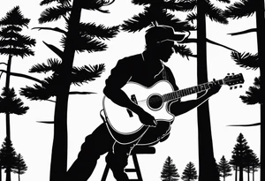 silhouette of a man playing electric guitar while sitting in a pine tree. tattoo idea