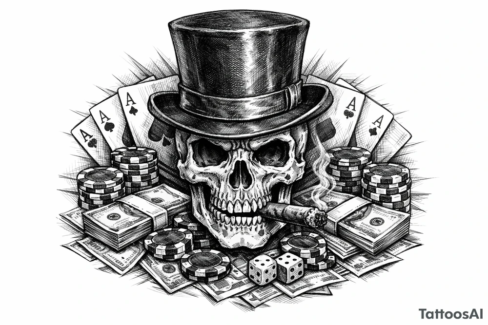 skull with cigar in his mouth,top-hat surrounded by poker-chips,paying cards and money. tattoo idea