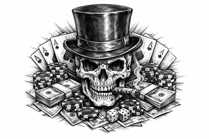 skull with cigar in his mouth,top-hat surrounded by poker-chips,paying cards and money. tattoo idea