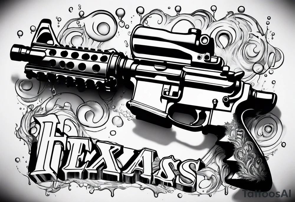 AR15 dripping syrup and the words Texas Made in bubble letters on top of the AR tattoo idea