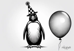 Realistic Penguin with a party hat and a ballon tattoo idea