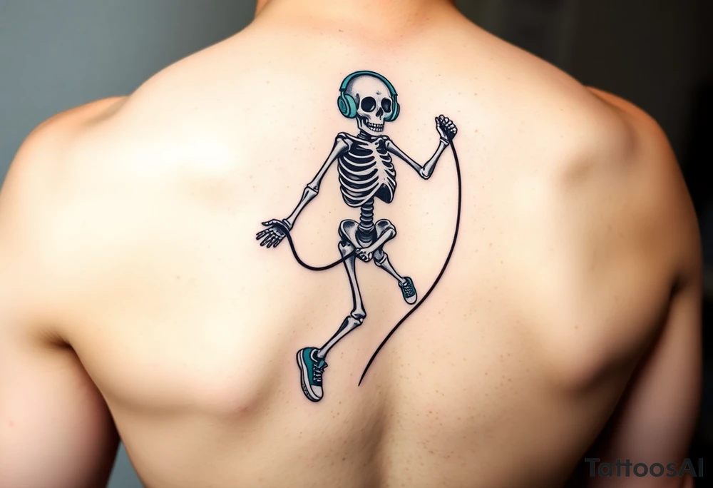 Funny small skeleton jumping on jump rope with a blue headphones and blue tennis shoes tattoo idea