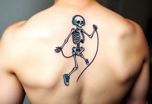 Funny small skeleton jumping on  jump rope with a blue headphones and blue tennis shoes tattoo idea
