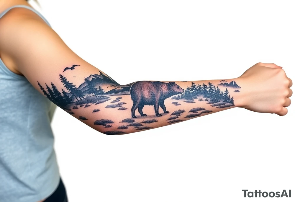 A full-sleeve with the Härjedalen landscape, reindeer, bear, lakes tattoo idea