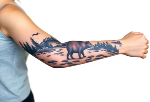 A full-sleeve with the Härjedalen landscape, reindeer, bear, lakes tattoo idea