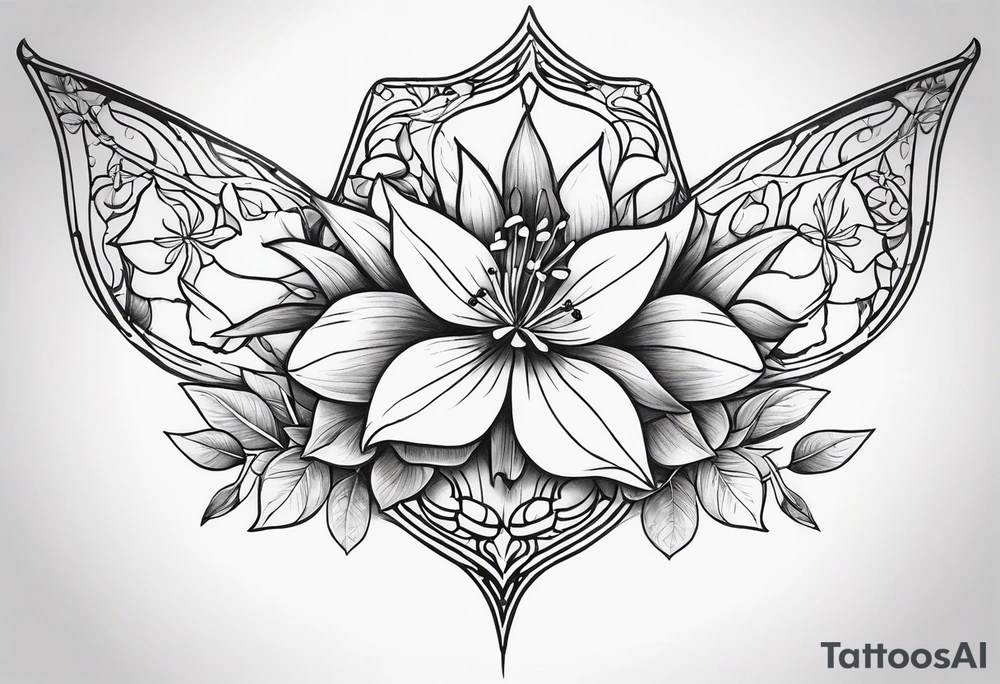 Shoulder and collarbone tattoo of a vibe of night-blooming Jasmine with a bat hanging from one of the stems tattoo idea