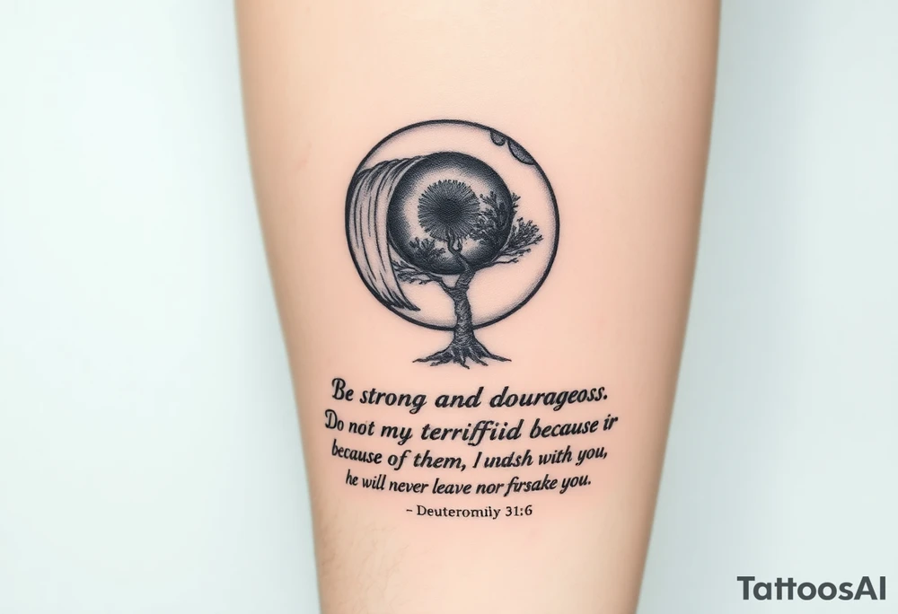 Eyeball with waterfall flowing out of it and under have a tree and under that have the verse Be strong and courageous. Do not be afraid or terrified
because of them, for the Lord your God goes with you; he will never leave you nor forsake you." Deuteronomy 31:6 tattoo idea