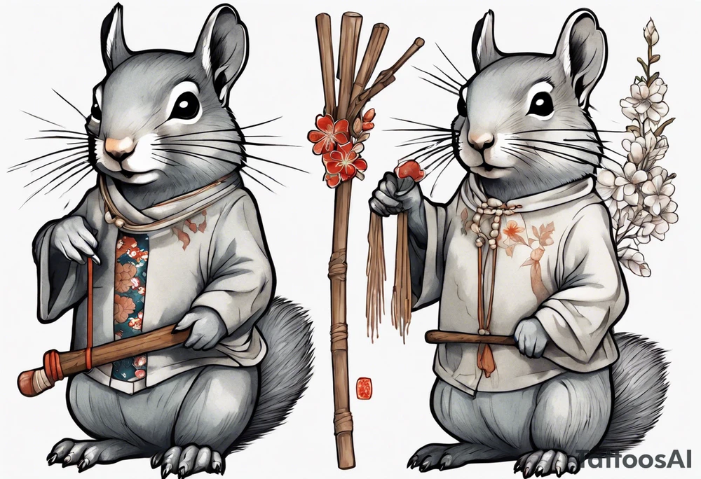 a sad grey squirrel dressed in a tunic holding a large white stick tattoo idea