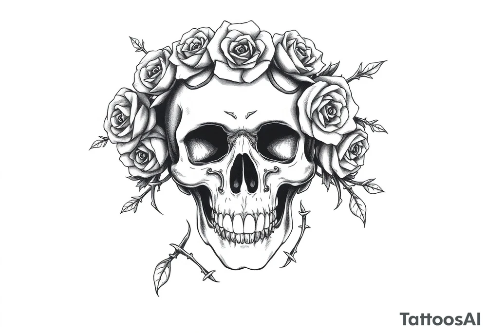 ornate skull adorned with crown of wild roses and thorns tattoo idea