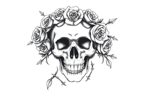 ornate skull adorned with crown of wild roses and thorns tattoo idea