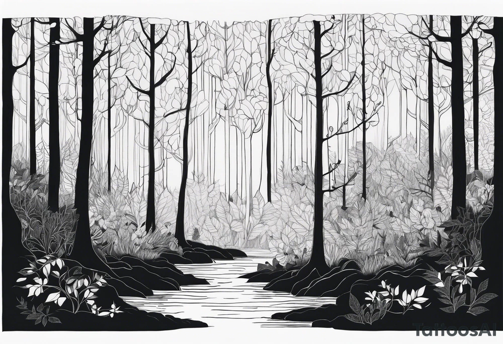 Draw me a Magical forest with s lot of trees in 2D and every tree is black and you see every trees leafs tattoo idea